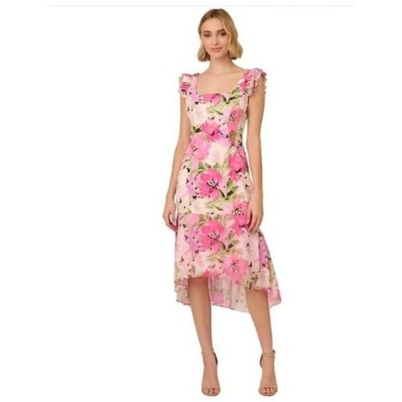 Adrianna Papell Floral Print High-Low Midi Dress Size 2 NWT Pink Purple